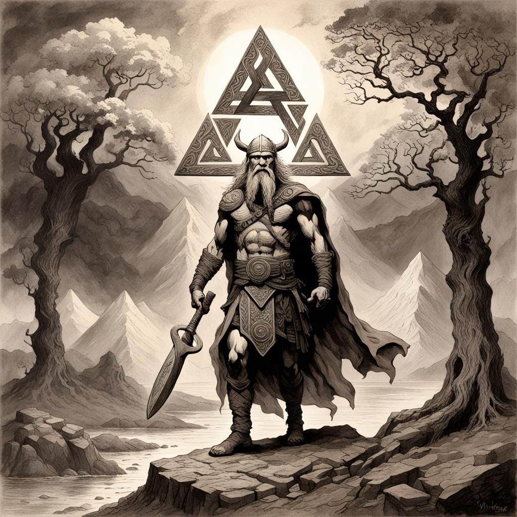 Odin, Strong Viking God, in Sepia Ink Drawing