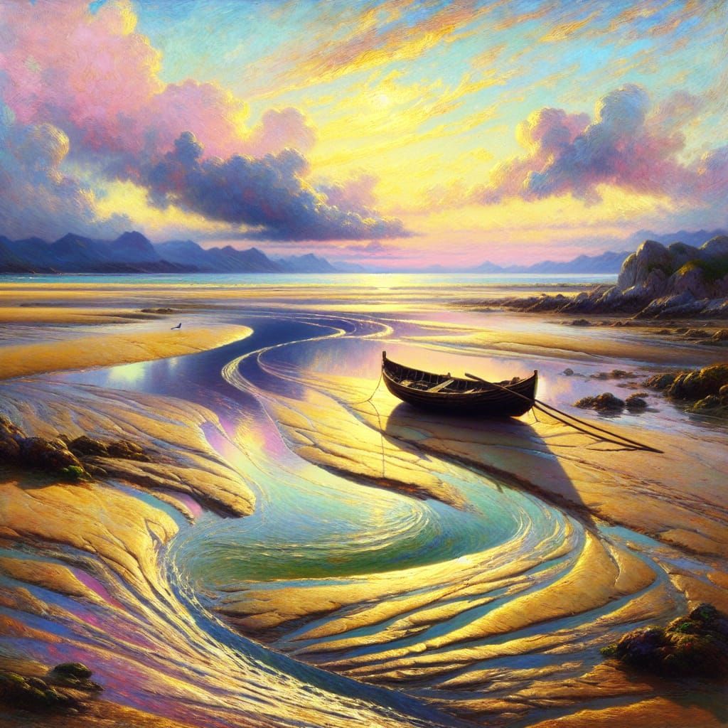 Thick Brushwork Oil Painting of Seashore at Low Tide