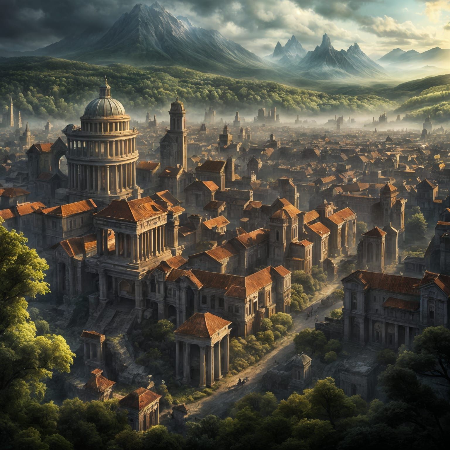 Trading City in Romanesque Dark Fantasy Landscape