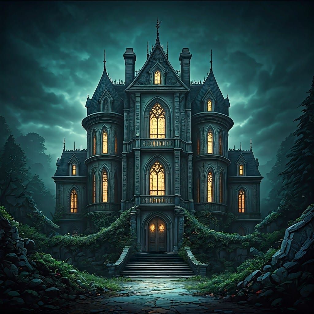 Eerie Mansion with Gargoyles in High-Fantasy Style