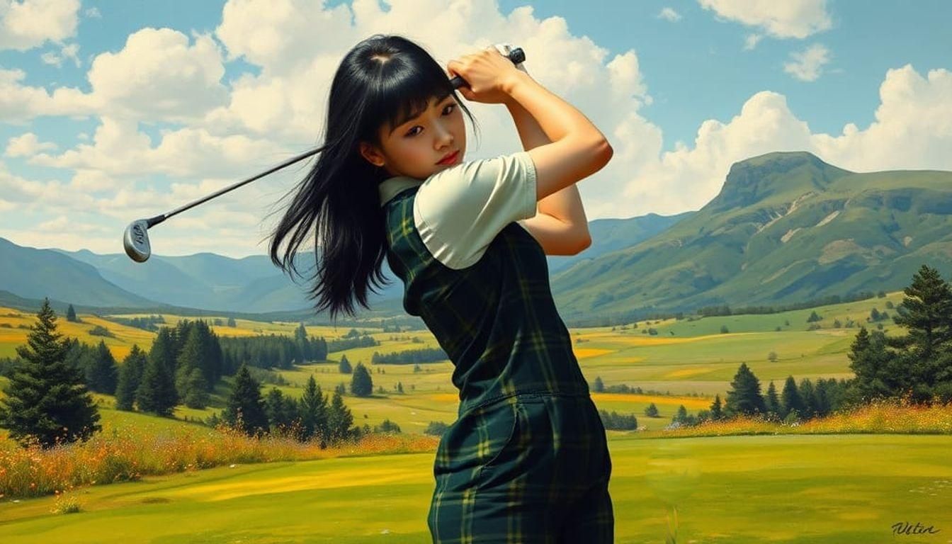 Girl Golfing on Lawn in Mucha Style