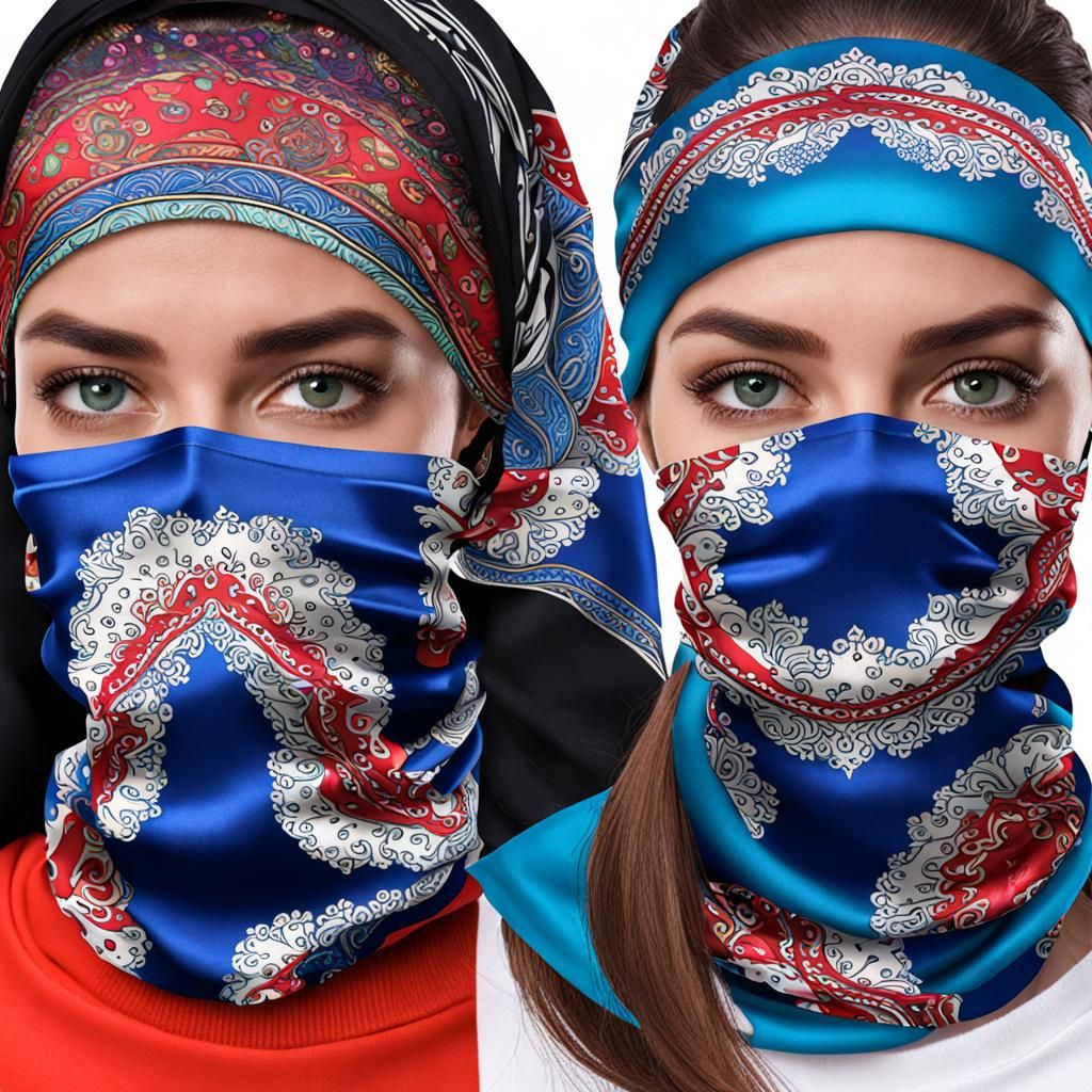 Trendy Satin Headscarf with Printed Face Mask