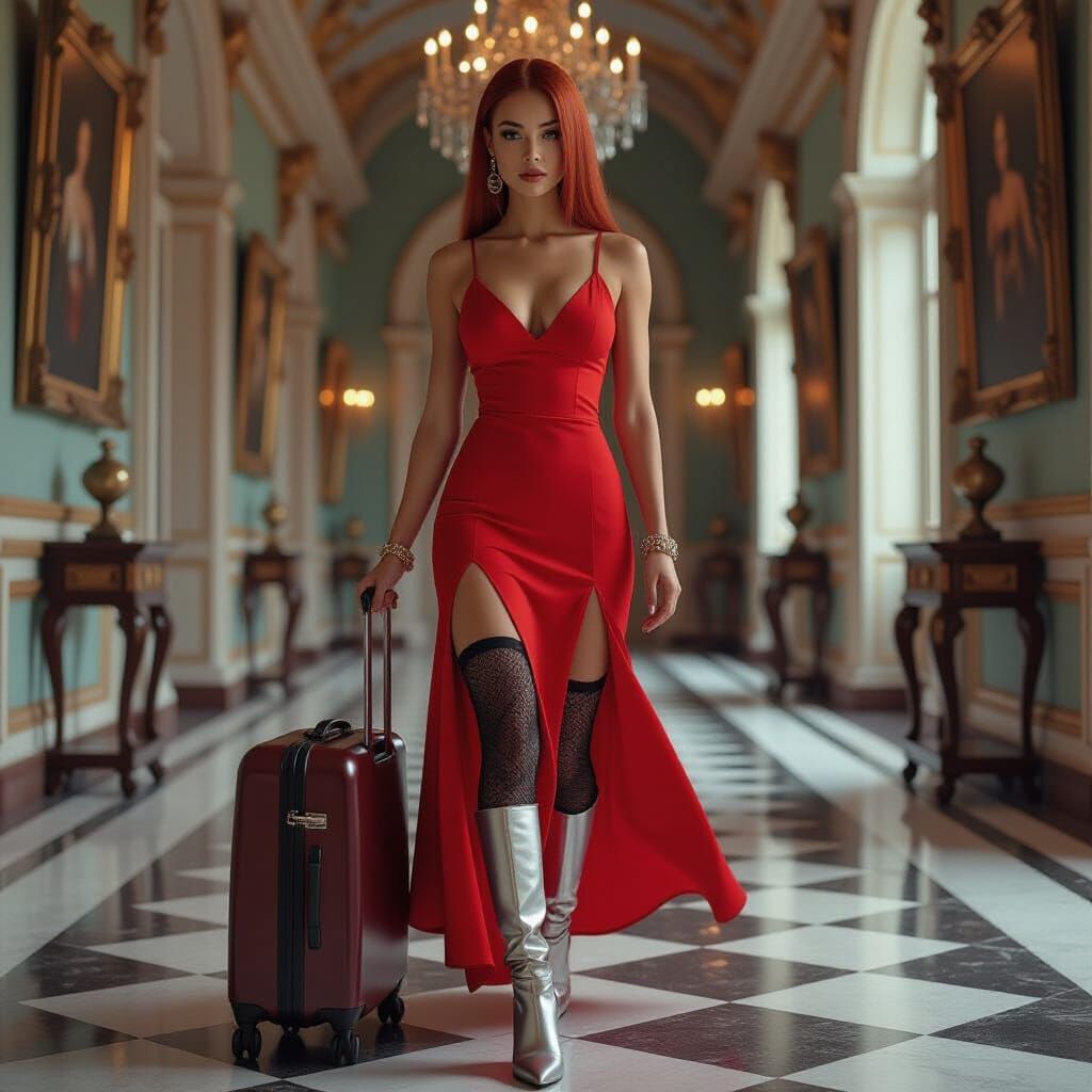 Woman in Red Dress Drags Suitcase Through Castle