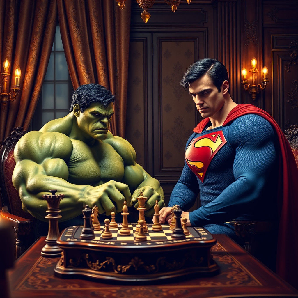 Hulk and Superman Play Chess in Classic Salon