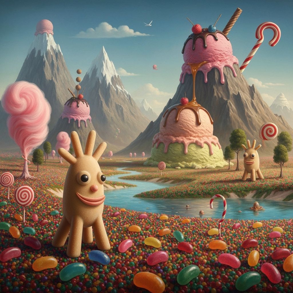 Surreal Candy Landscape: Ice Cream Mountains & Caramel River...