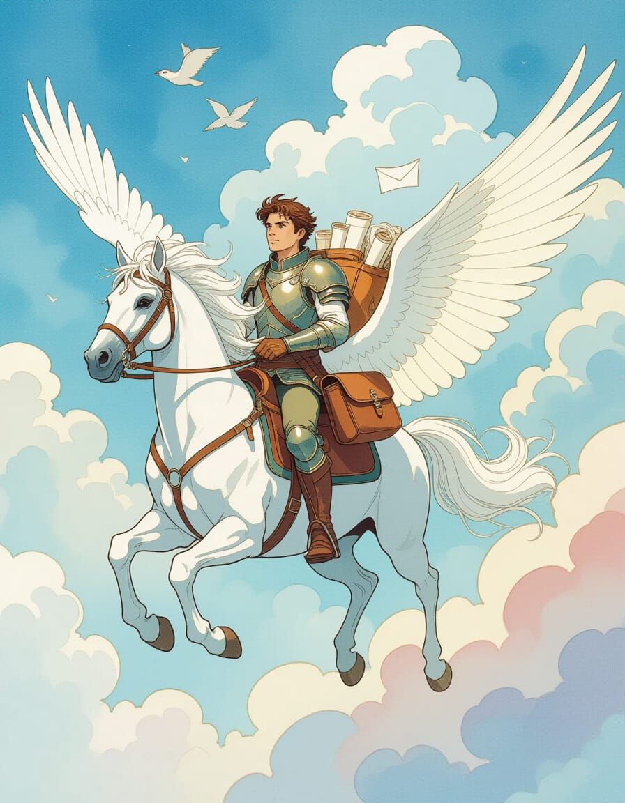 Fantasy Messenger on Pegasus in Watercolor Style
