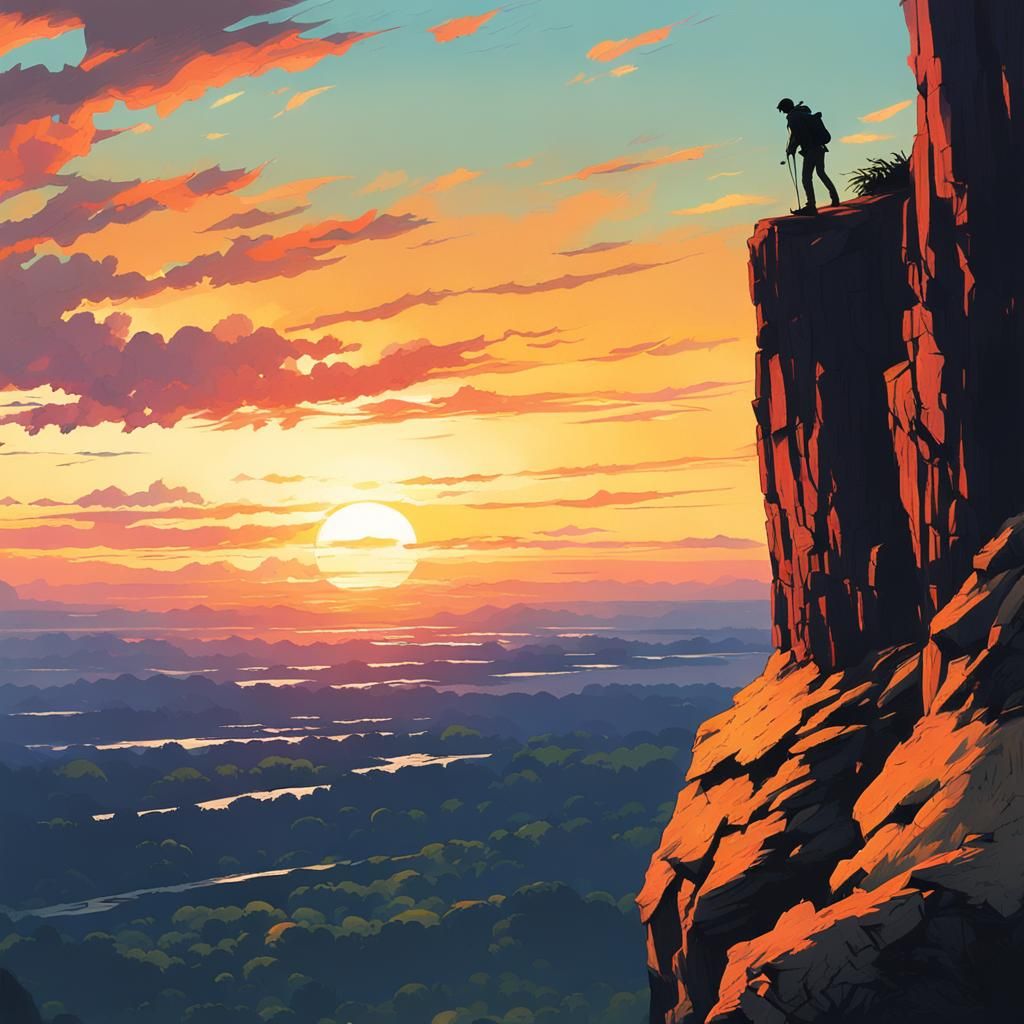 Climber Silhouette at Sunset: Acrylic Painting Style