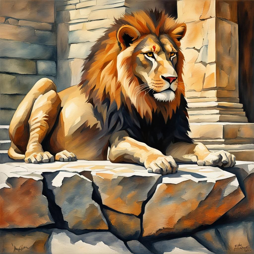 Lion and Cracked Table in Gouache Watercolor Style