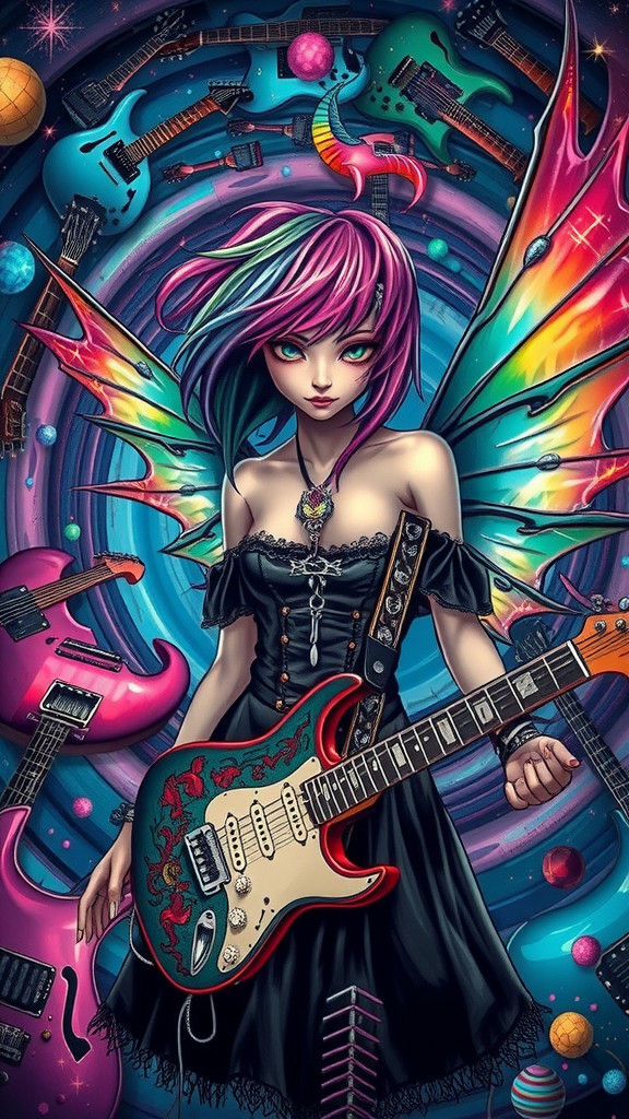 Gothic Punk Fairy in Surreal Guitarscape