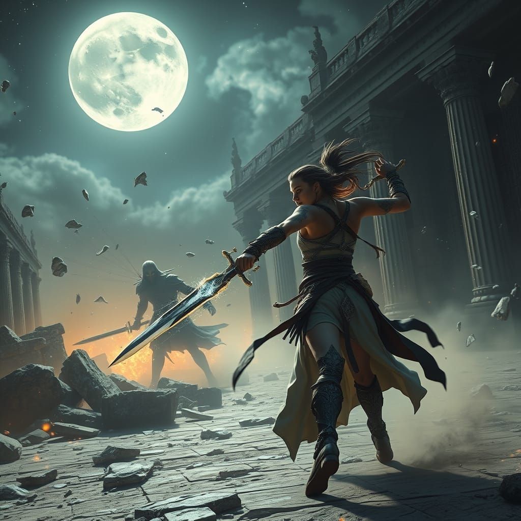 Celestial Warrior Battles Shadow Figure in Ruined Temple