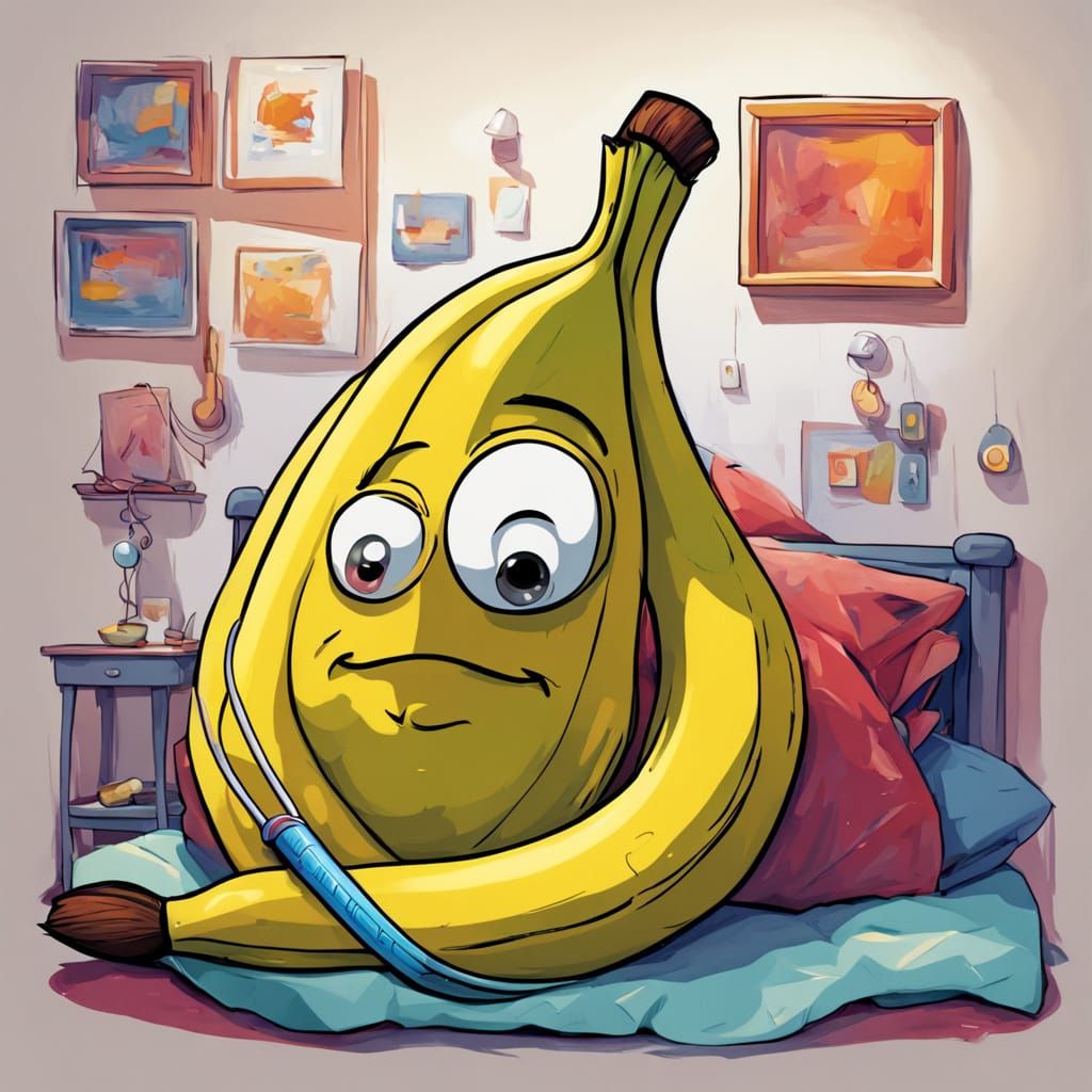 Sick Cartoon Banana in Bed, Pixar Animation Style