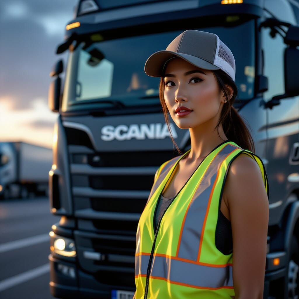 Asian Woman Truck Driver Next to Scania Truck