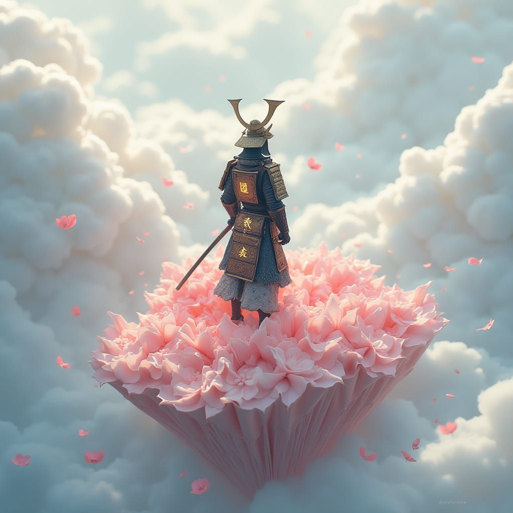 Samurai on Origami Island in Blossoms