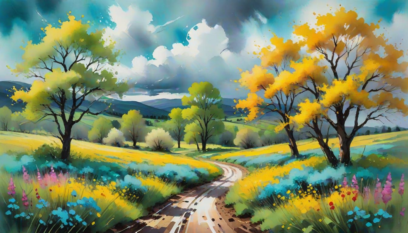 Vibrant Spring Landscape in Expressive Watercolor Style