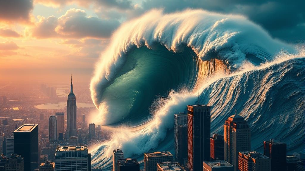 A Dramatic Cityscape on the Brink of Tsunami Destruction in ...