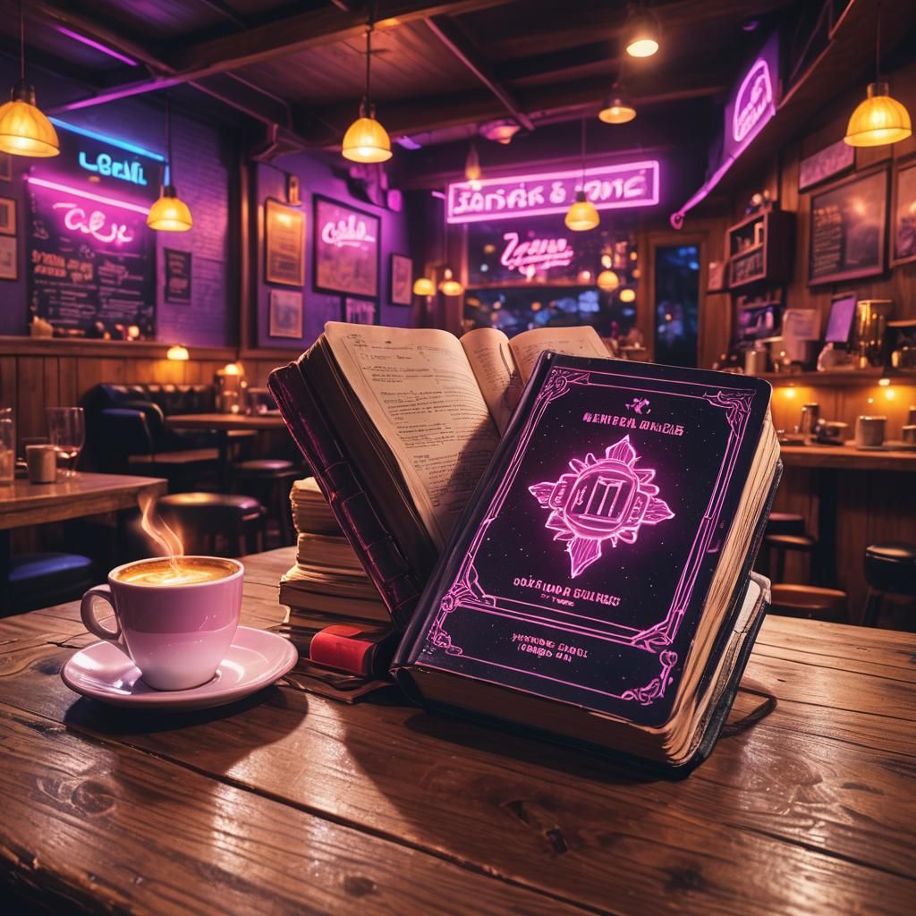 Glowing King James Bible in 80s Synthwave Cafe