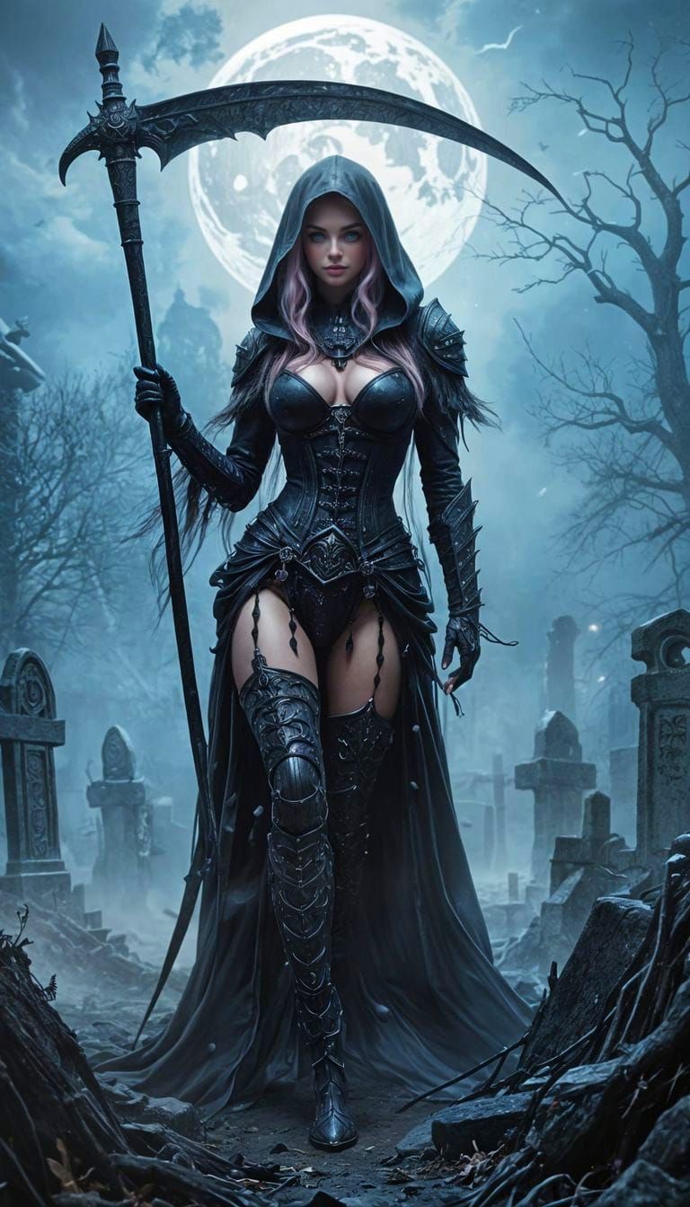 Medieval Death Goddess in Graveyard, Dark Fantasy Art