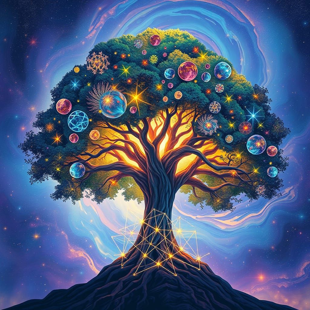 Ethereal Cosmic Tree in Vibrant Holographic Style