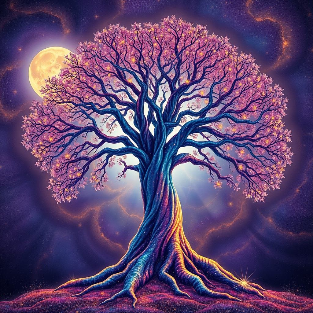 Ethereal Tree Illuminated by Cosmic Energy