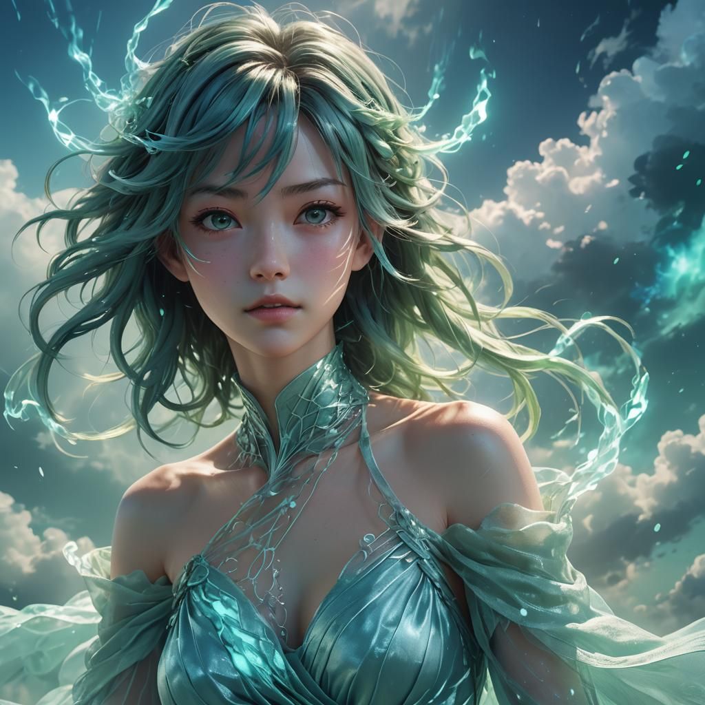 Reborn in Blue-Green Light: Vibrant Anime Portrait