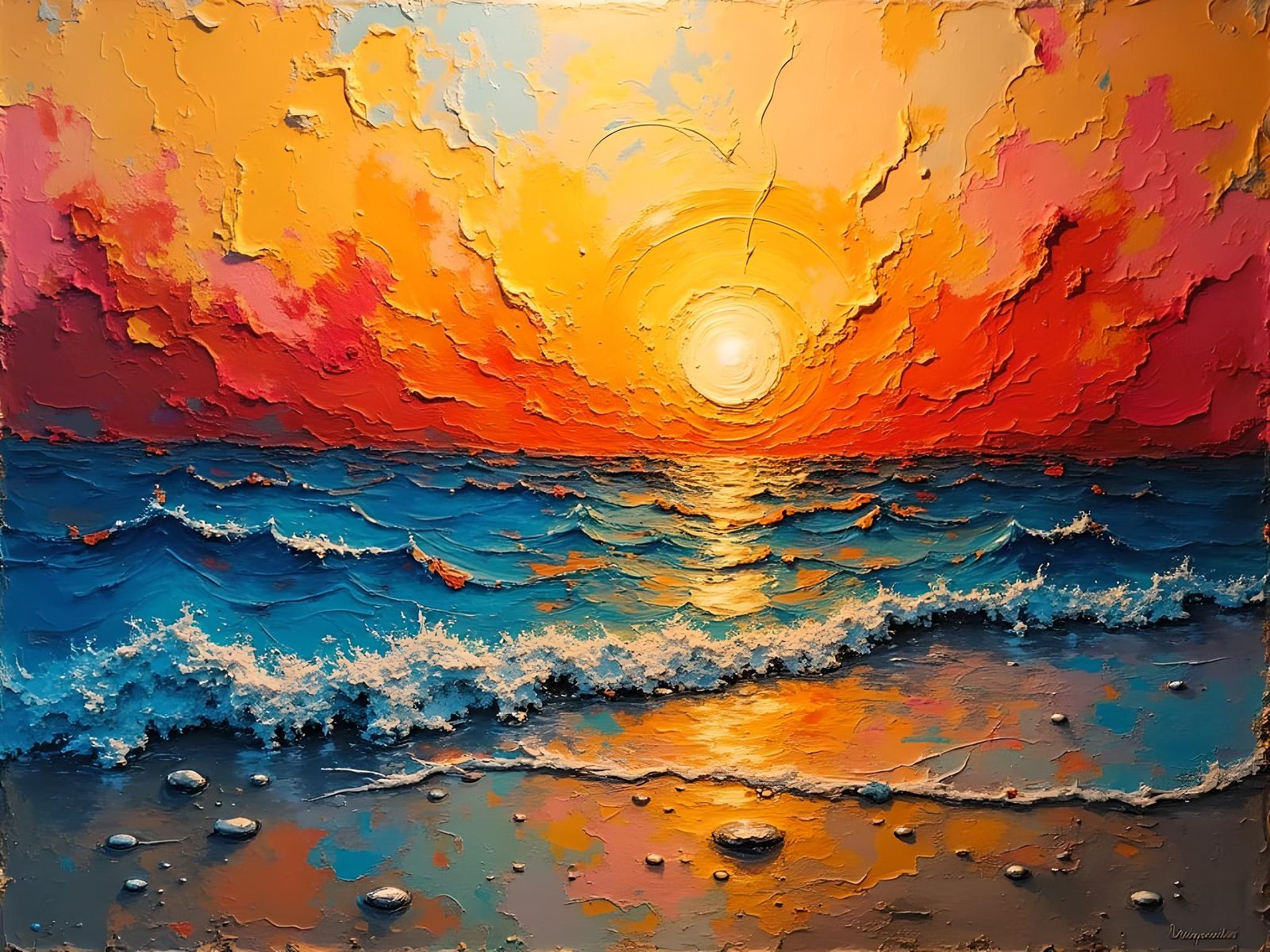 Seashore Sunset in Abstract Expressionism Style