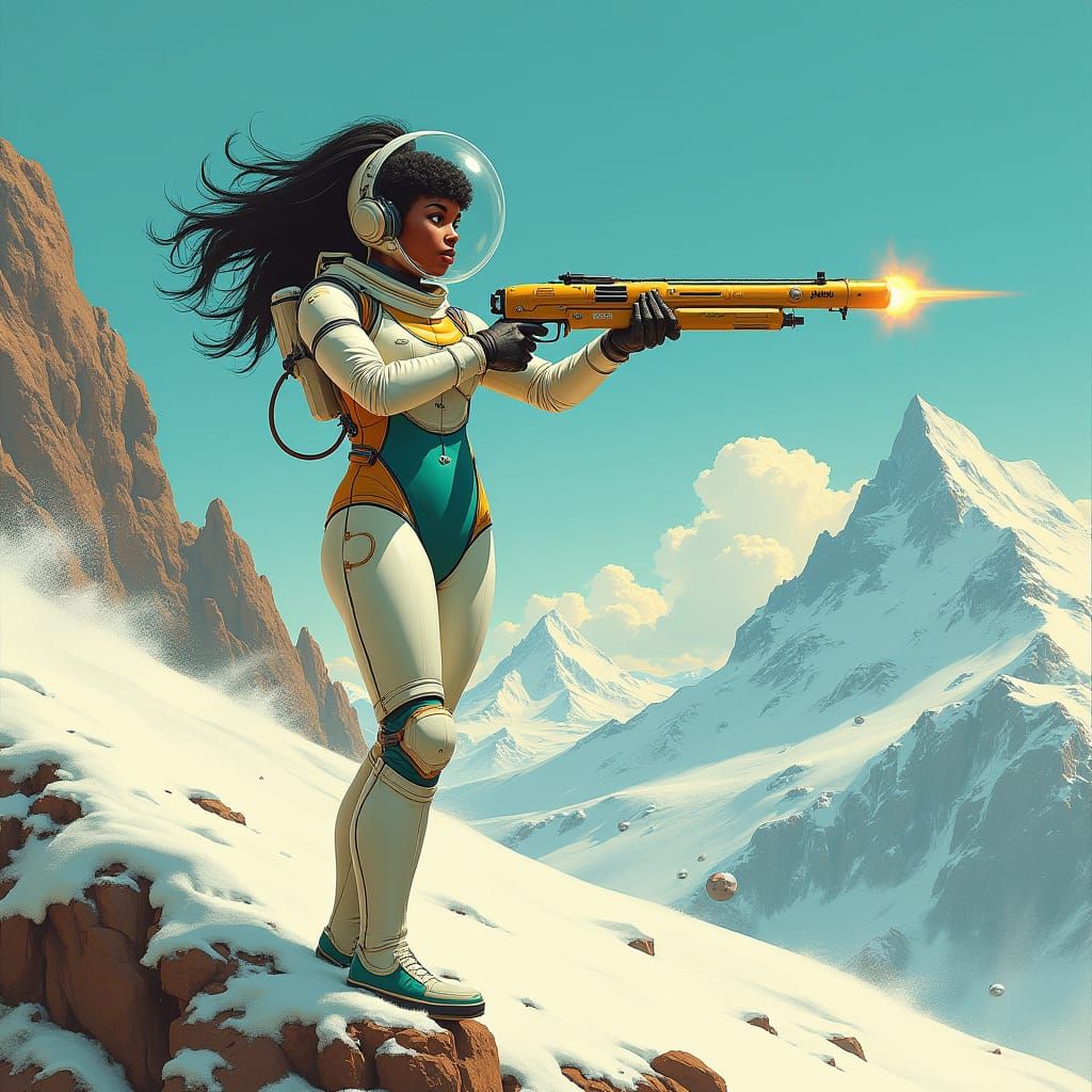 Woman in Spacesuit on Snowy Mountain, Retro-Futuristic Illus...