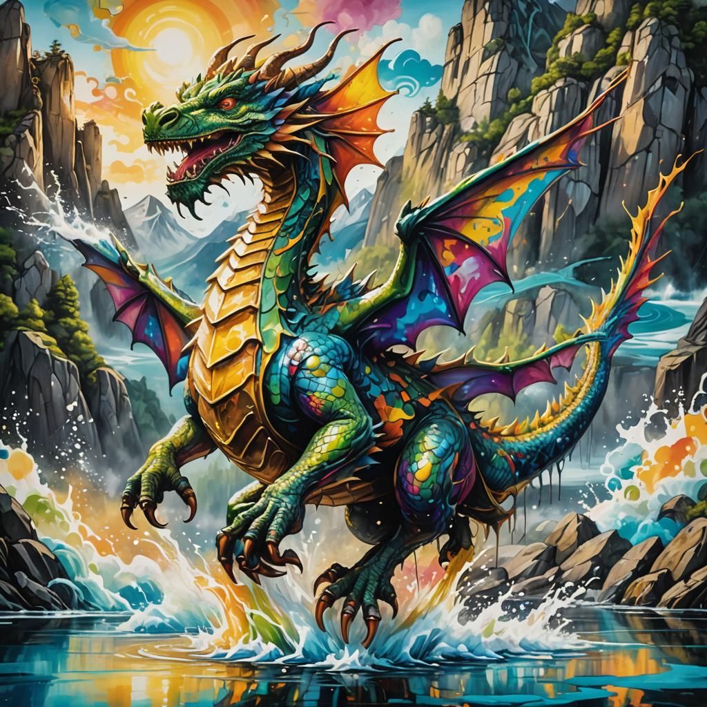 Whimsical Dragon in Flight: Vibrant Graffiti Art