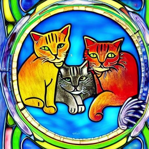 Surreal Cats in Enameled Glass Art Nouveau Style