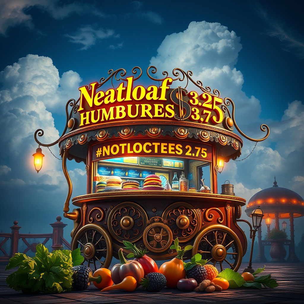 Steampunk Food Cart with Golden Sign, Matte Painting