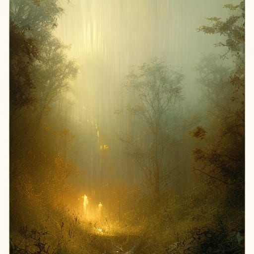 Motorcycle Amidst Fireflies in Teal Forest