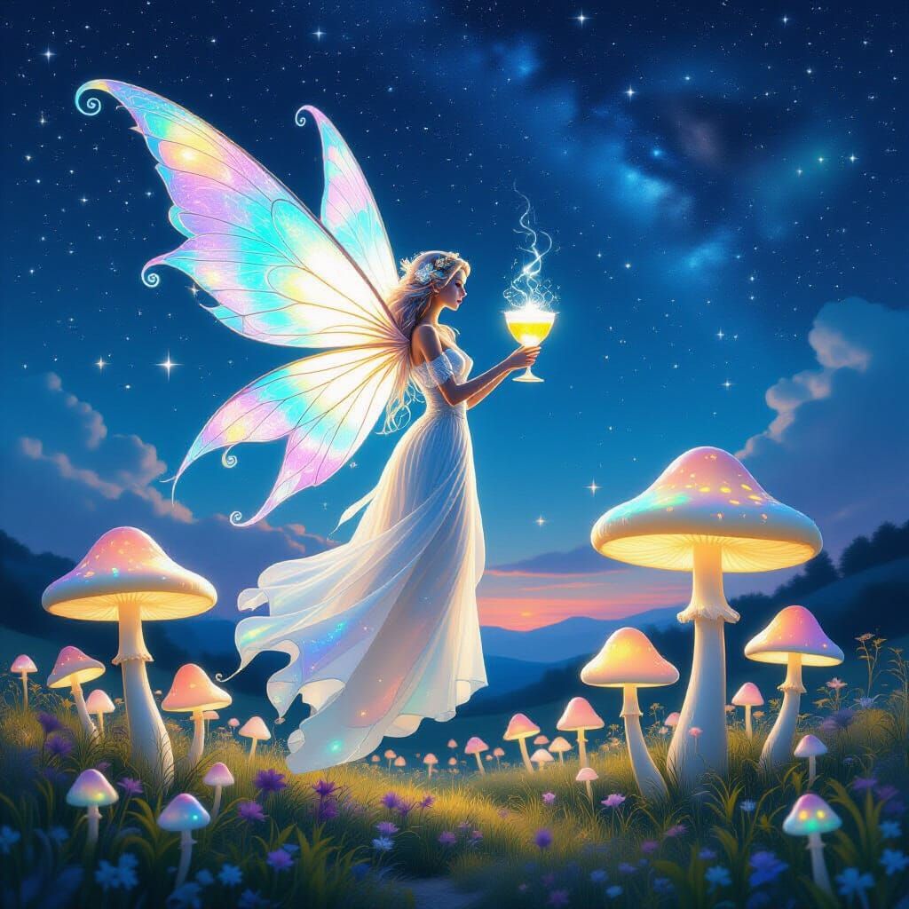 Luminous Fairy Over Glowing Mushrooms in Surreal Dreamscape