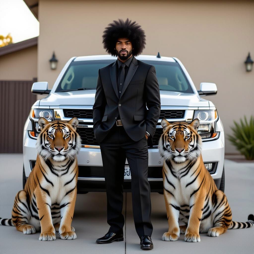 African Gangster with Afro and Tigers in Black Suit