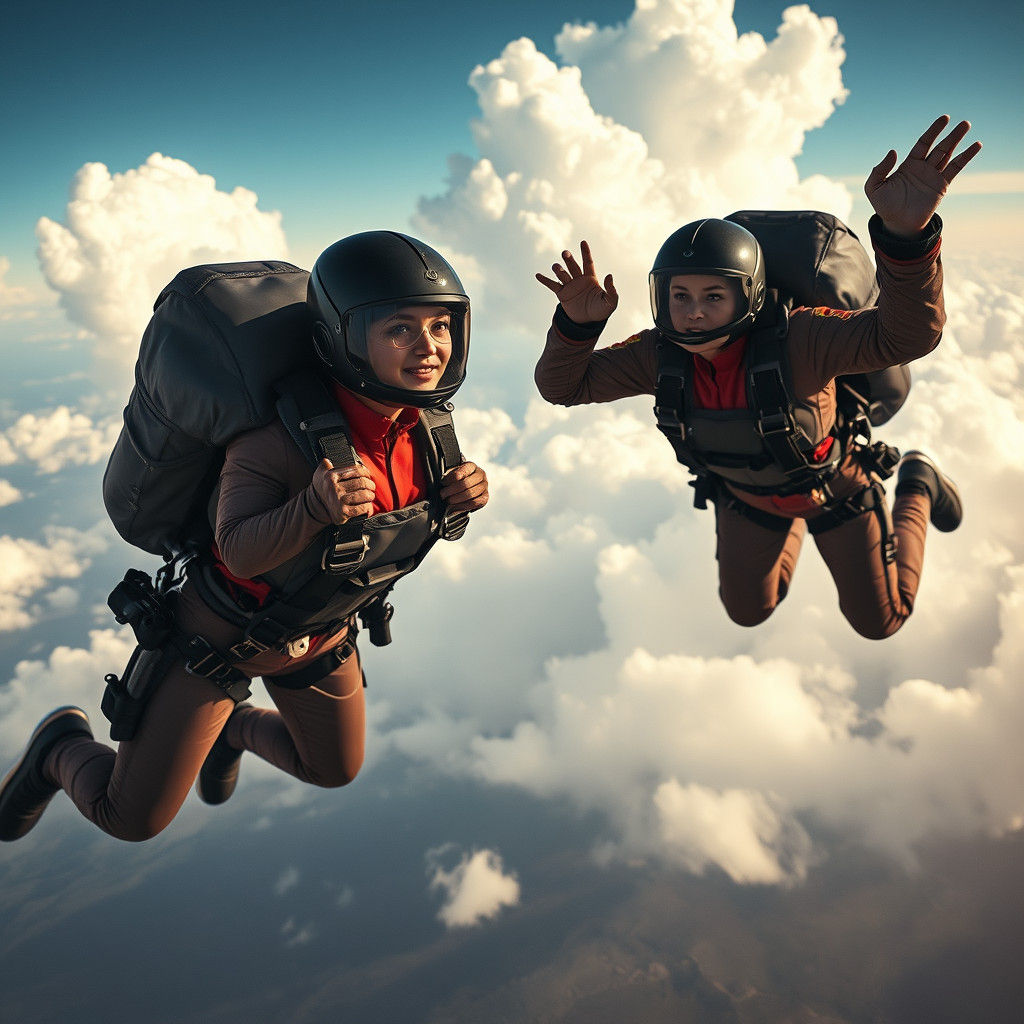 Women Skydivers in Freefall: Hyperrealistic Atmospheric Skyd...