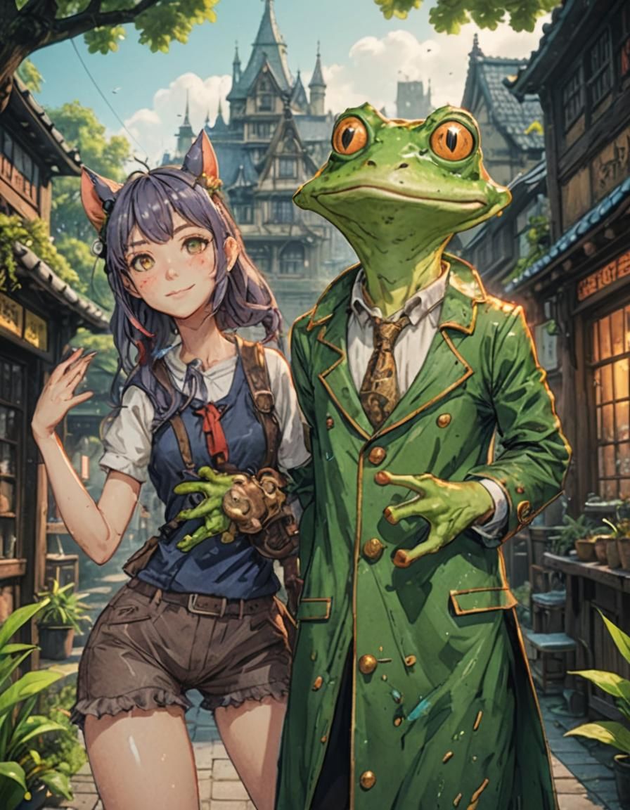 Frog Man and Cat-Eared Girl in Anime Style