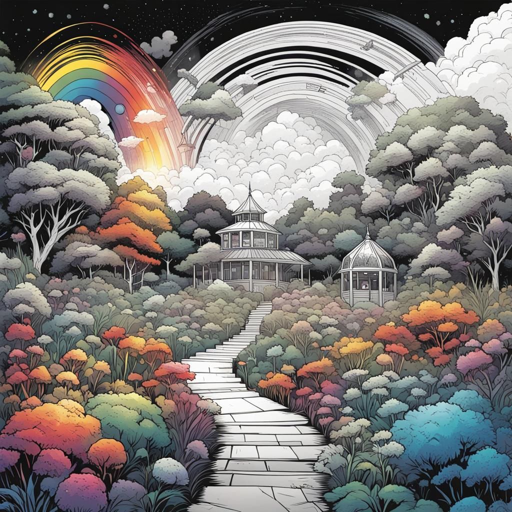 Garden Transformed by Rainbow: Comic Book Style Art