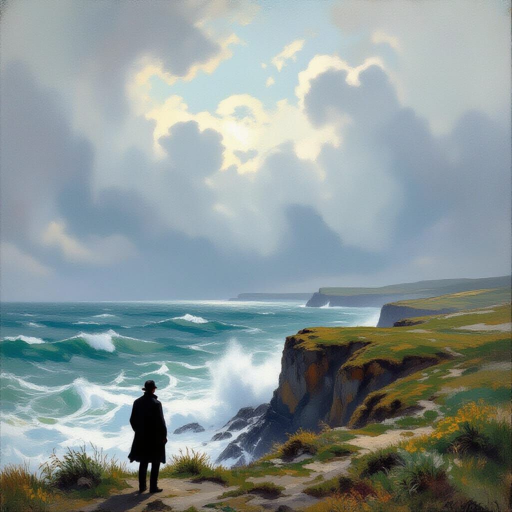 Man on Cliff Overlooking Stormy Sea in Impressionist Style