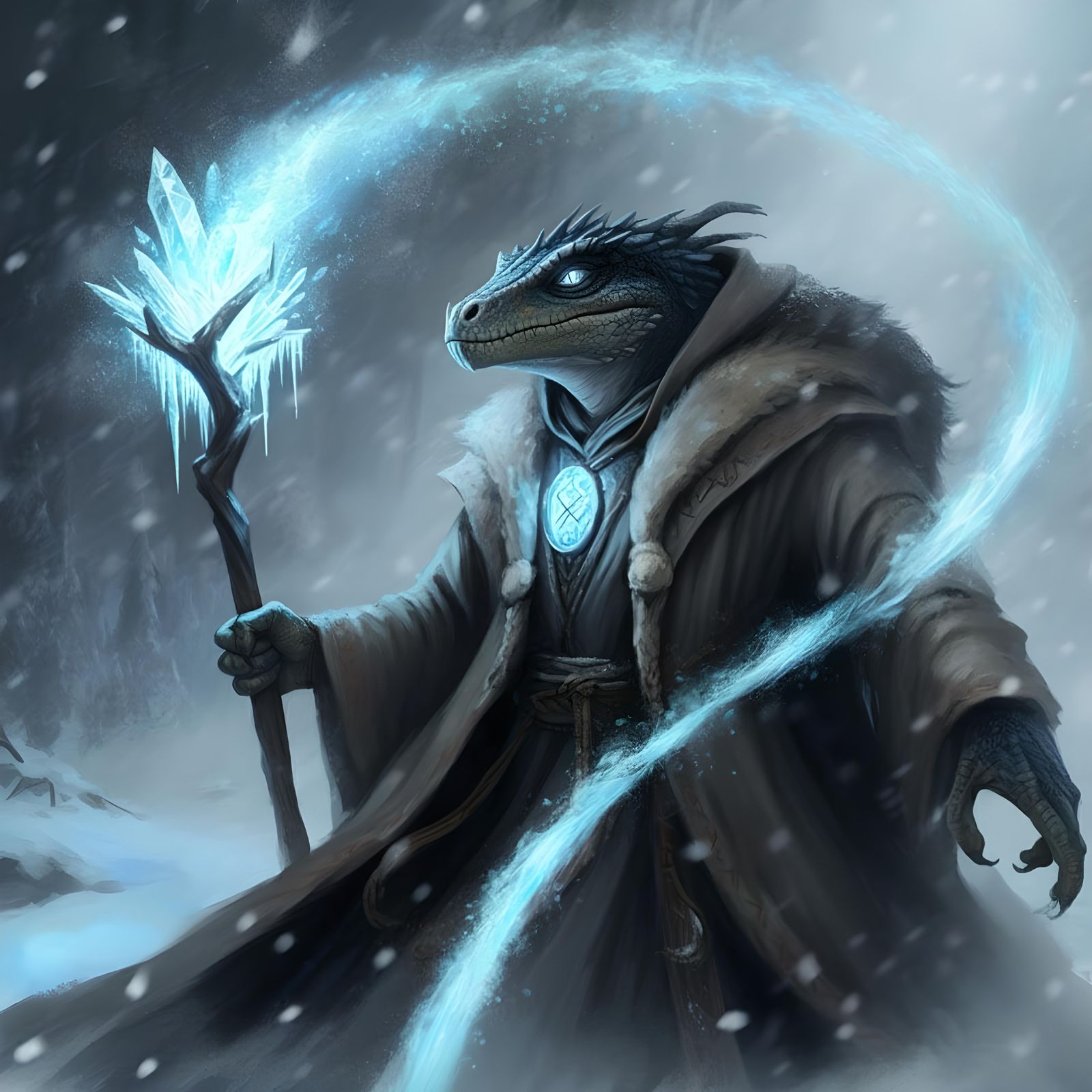 Wizard Lizard Conjuring Blizzard in Detailed Oil Painting