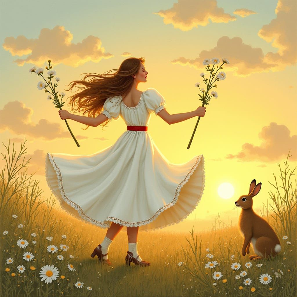Stylised Folk Art: Female Morris Dancer at Sunrise