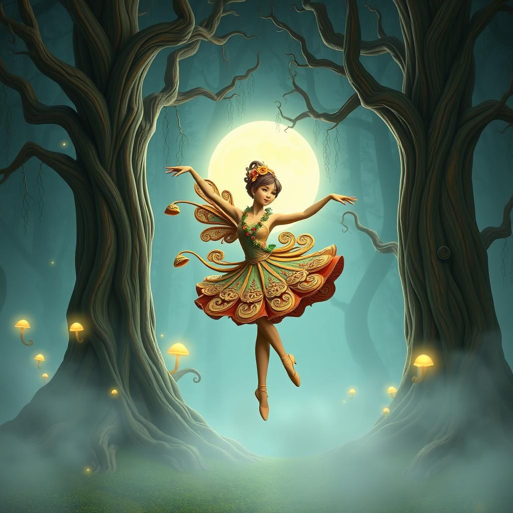 Fantasy Ballerina Wood Carving in Moonlit Forest