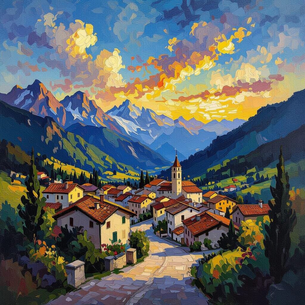 Italian Alpine Village in Vibrant Impasto Style
