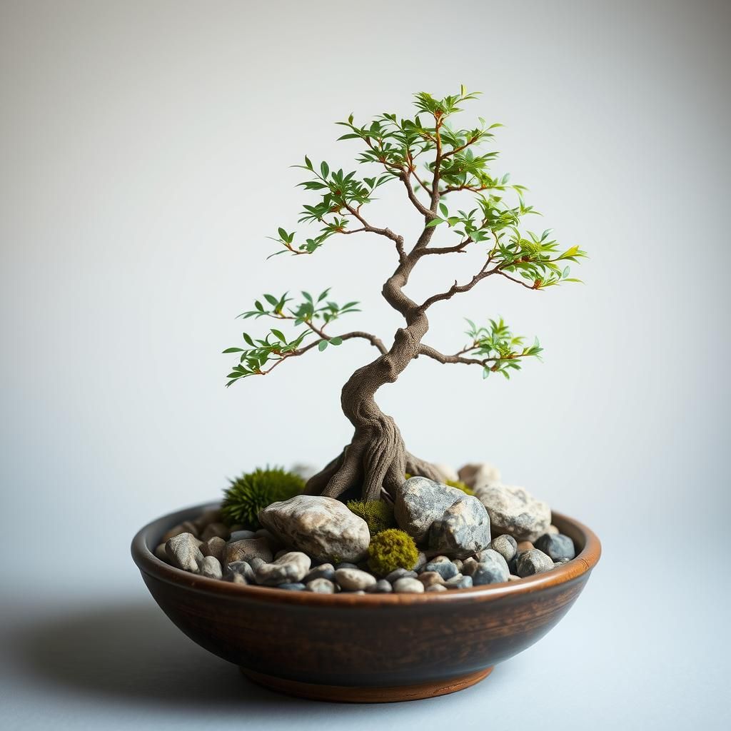 Bonsai Palm in Rock Garden, Japanese Art Style