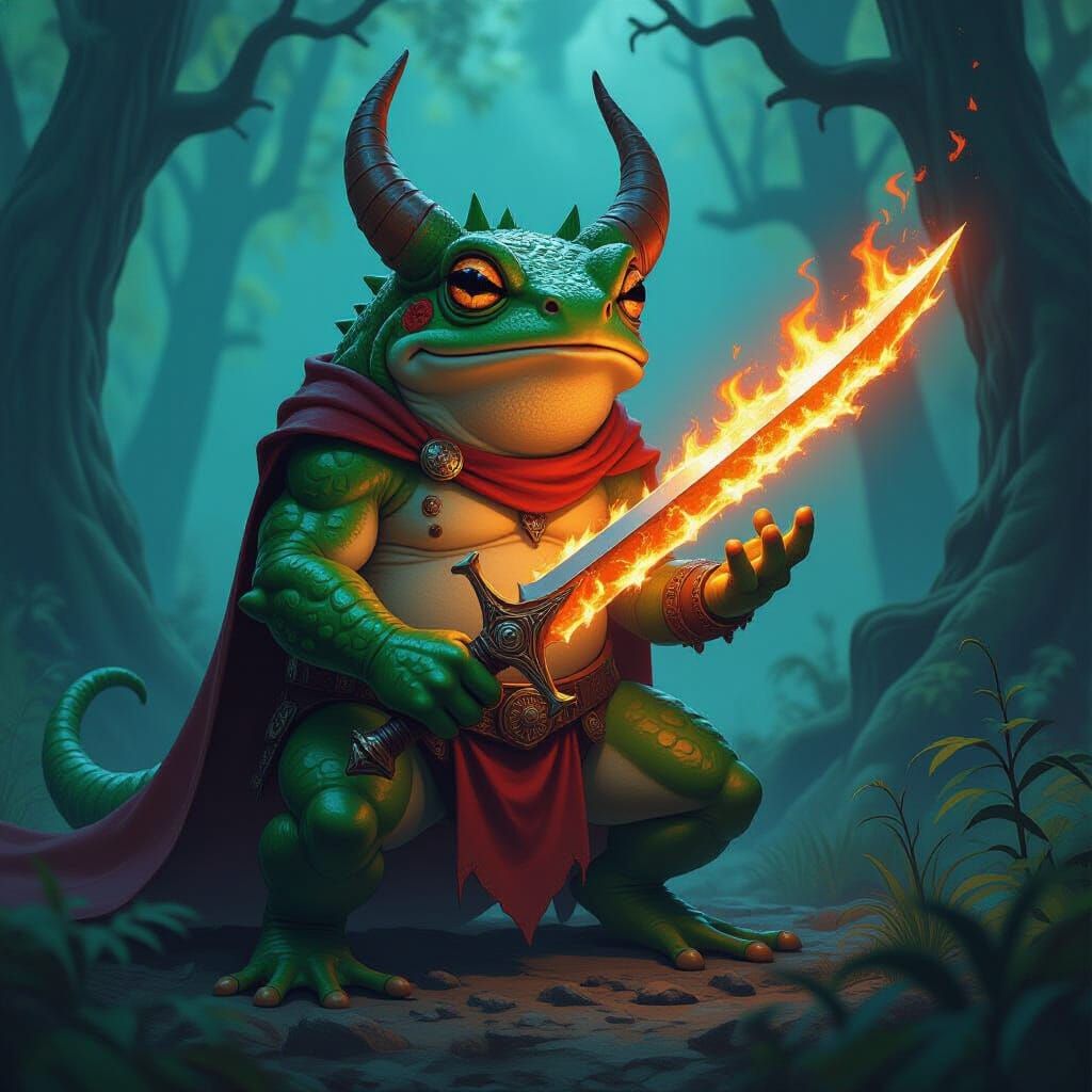 Horned Demon Frog Wielding Fiery Sword
