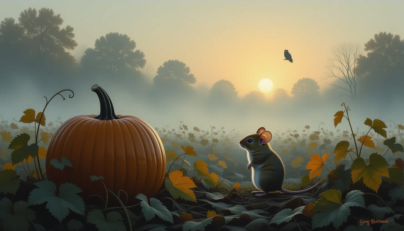 Mouse in Misty Pumpkin Patch, Hyperrealistic Painting