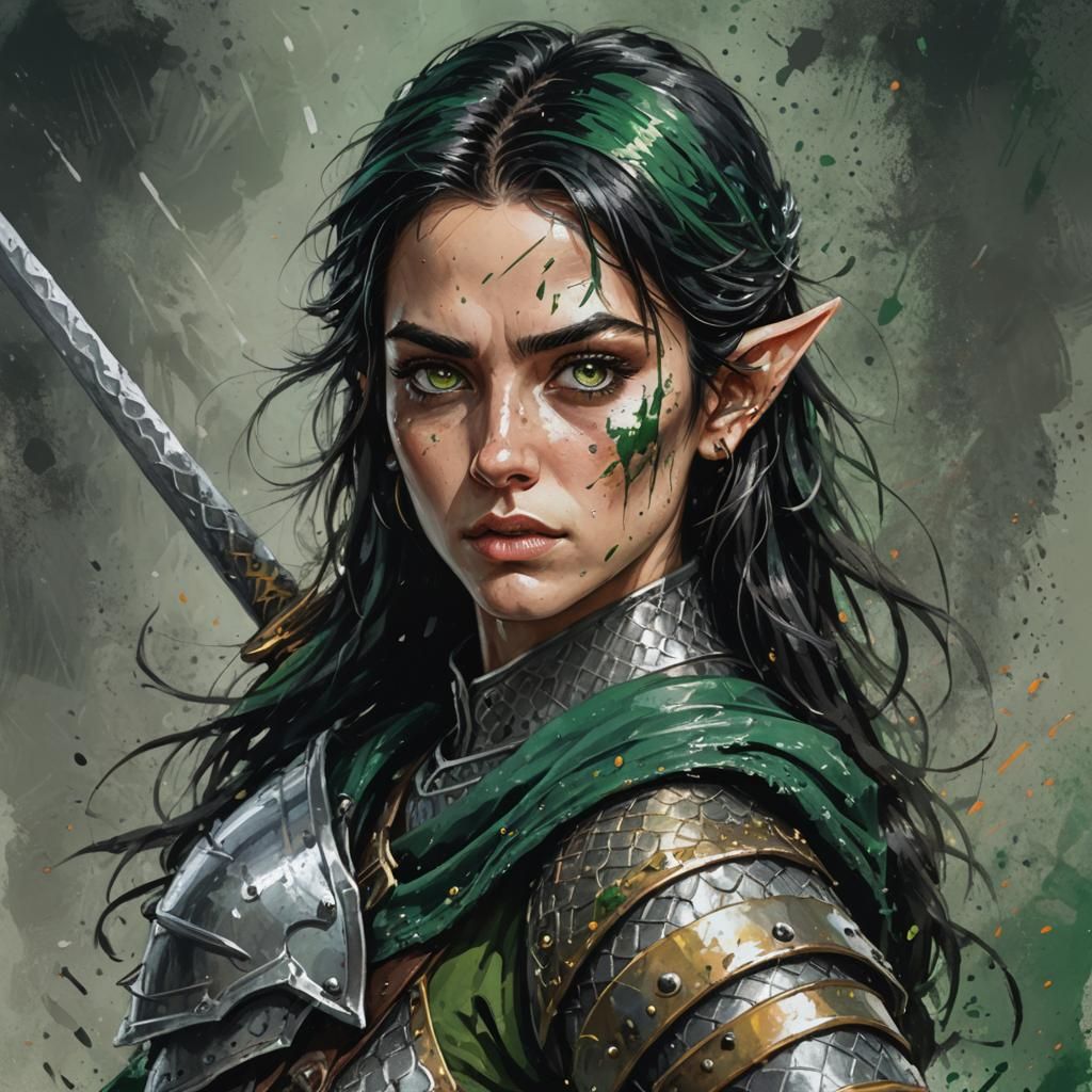 Half-Elf Warrior in Ink Splatter Art Style