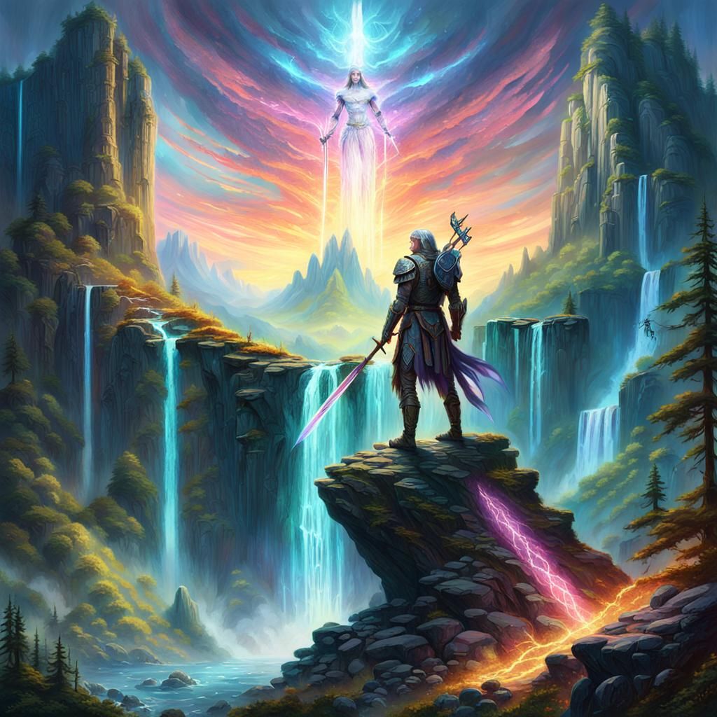 Mystical Warrior Ascends Iridescent Peaks