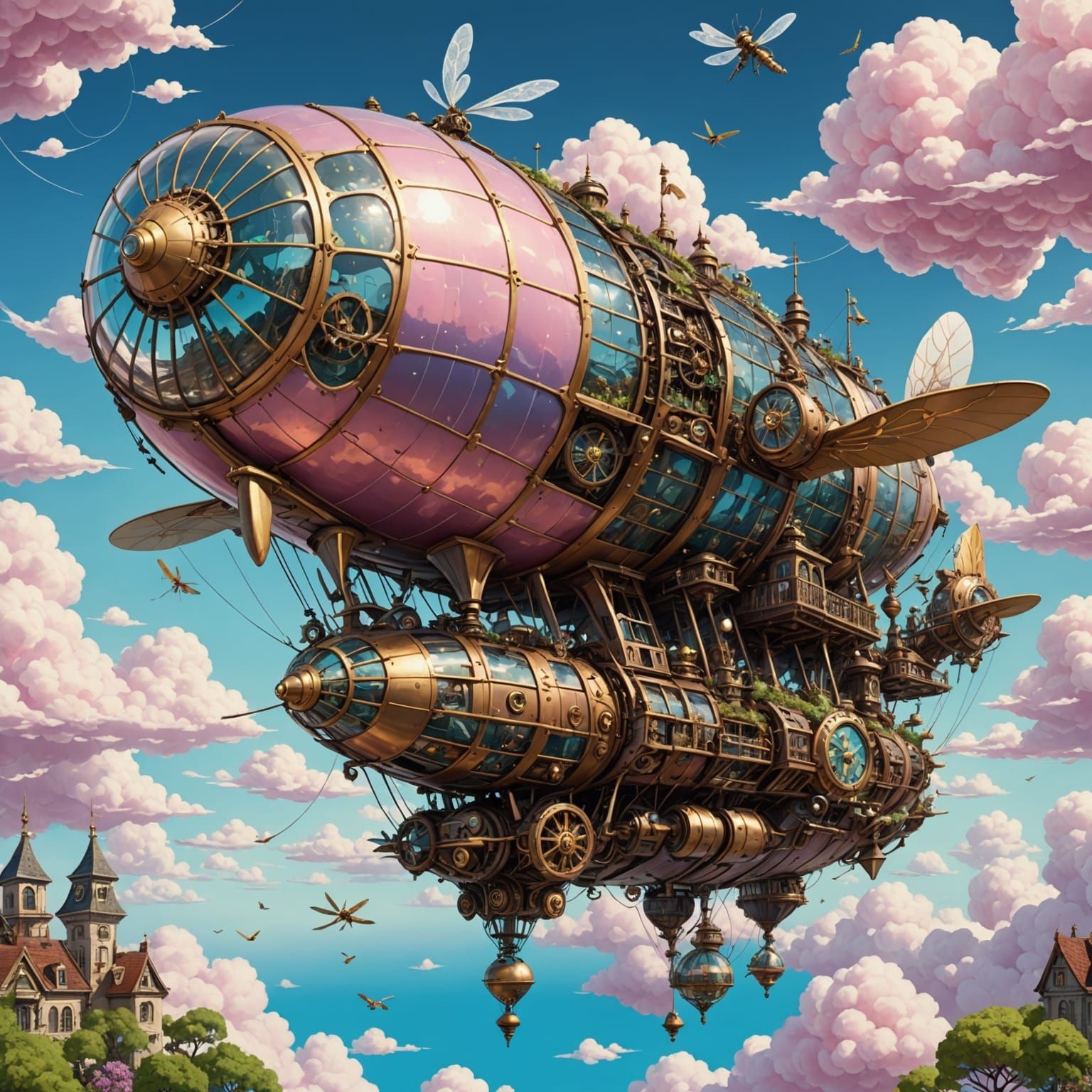 Steampunk Dragonfly Airship in Ghibli Style
