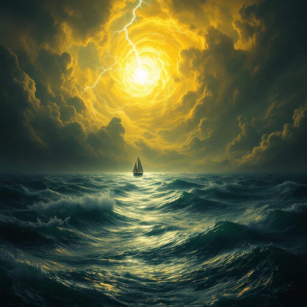 Surreal Twilight Seascape with Silver Water and Yellow Storm