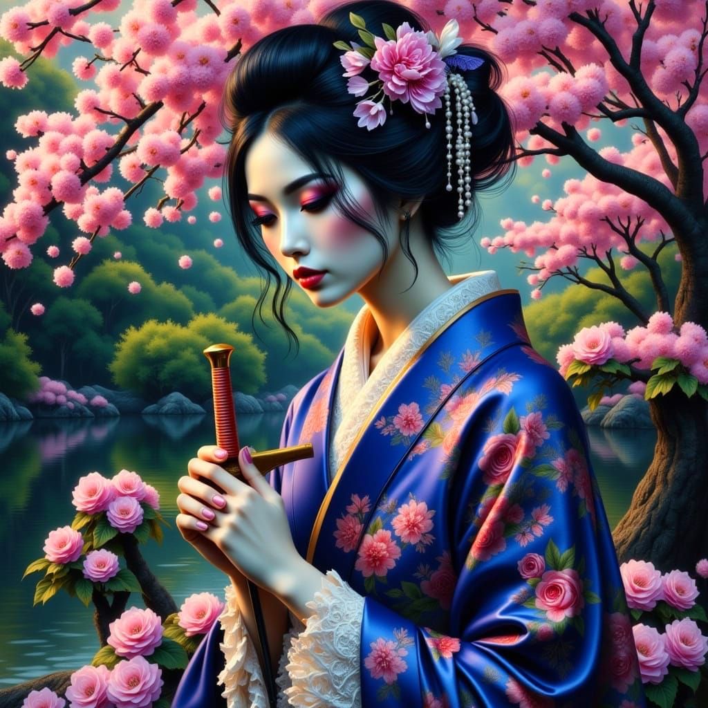 Ethereal Geisha Contemplates Loss in Vibrant Moonlit Garden
