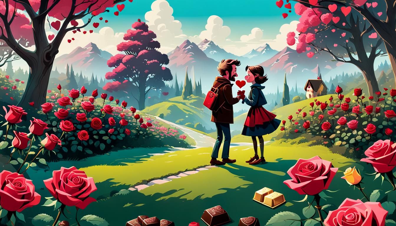 Valentine's Day Landscape in Cartoon Style