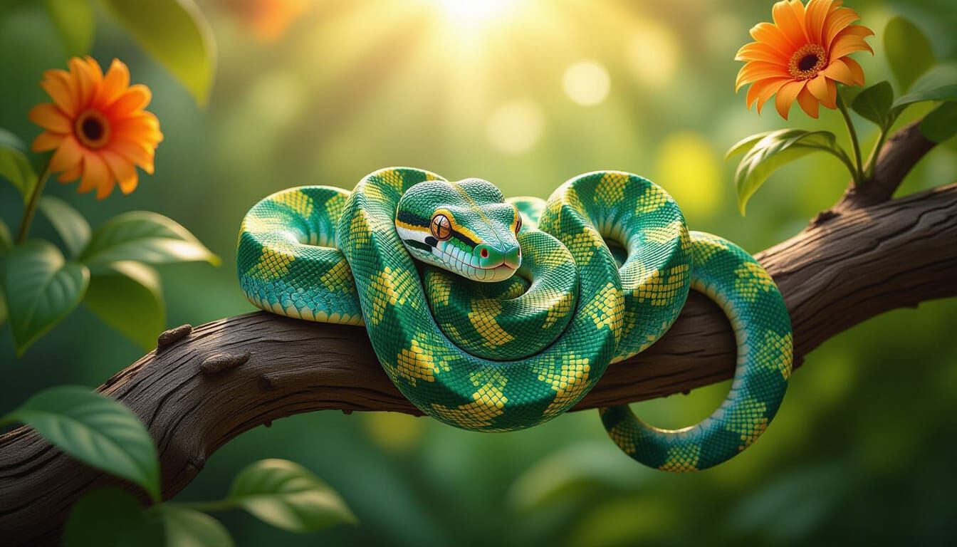 Emerald Boa in Garden with Surreal Ornamentation
